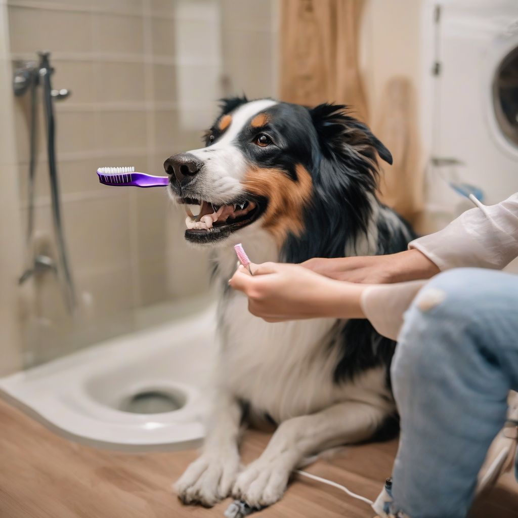 A dog getting its teeth brushed by its owner