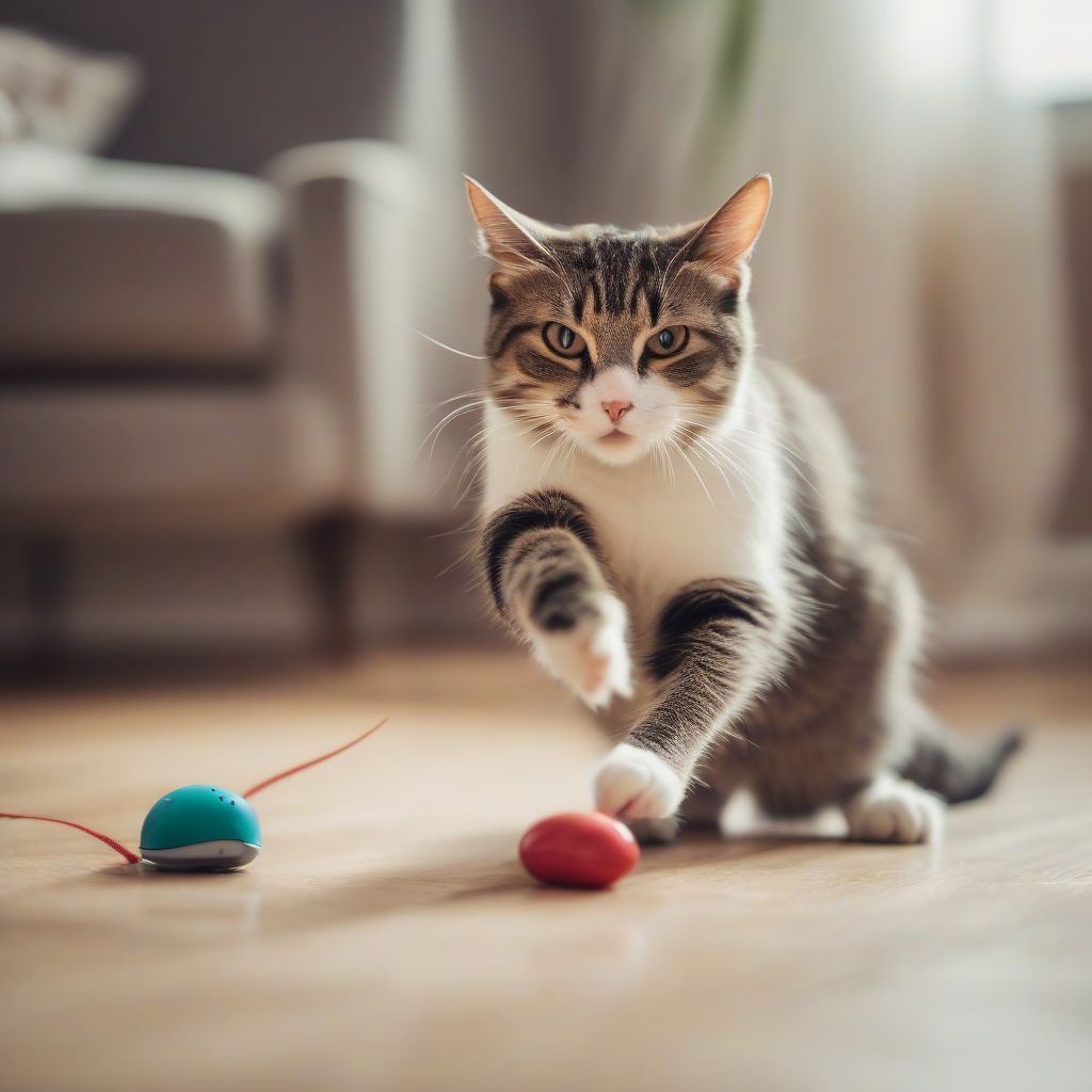 A playful indoor cat batting at a toy