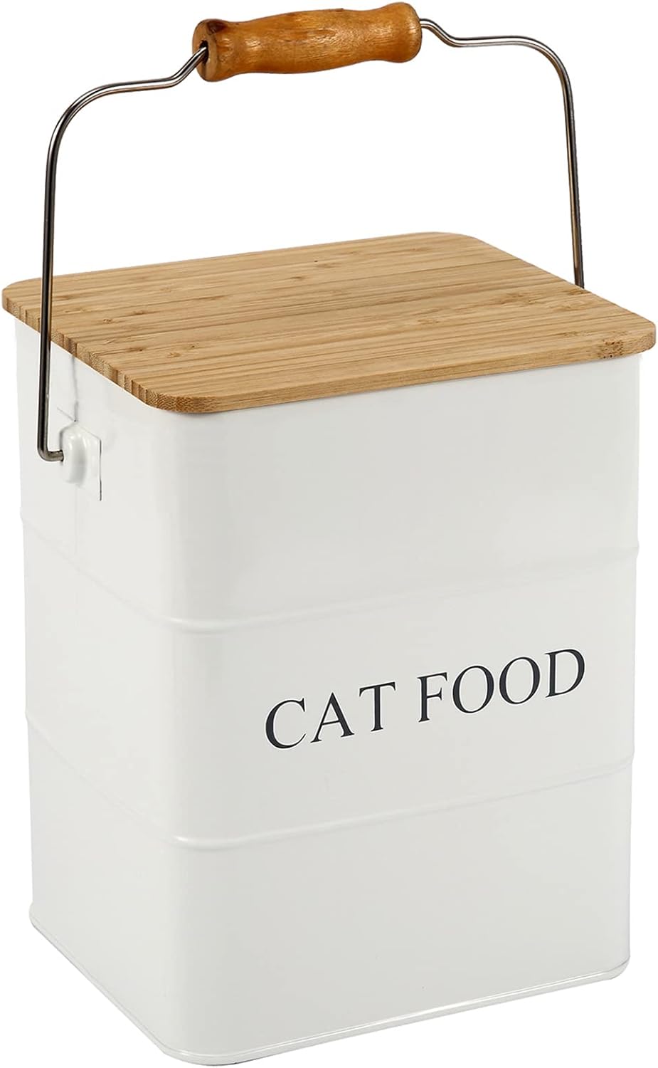 Cat Food Storage Container Cat Treats Container,Metal Pet food treats tin for Cat,Farmhouse Cute Cat Food Canister,Pet Treats Canisters with wooden lid/handle/sevice scoop,hold 5-6 lbs