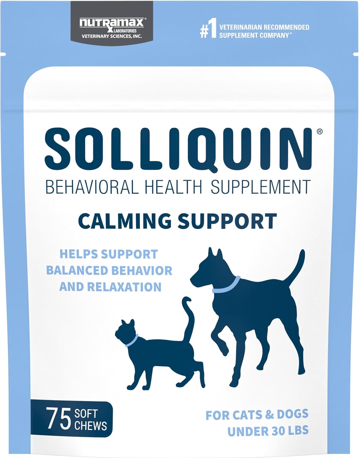Nutramax Solliquin Calming Behavioral Health Supplement for Small to Medium Dogs and Cats - With L-Theanine, Magnolia / Phellodendron, and Whey Protein Concentrate, 75 Soft Chews