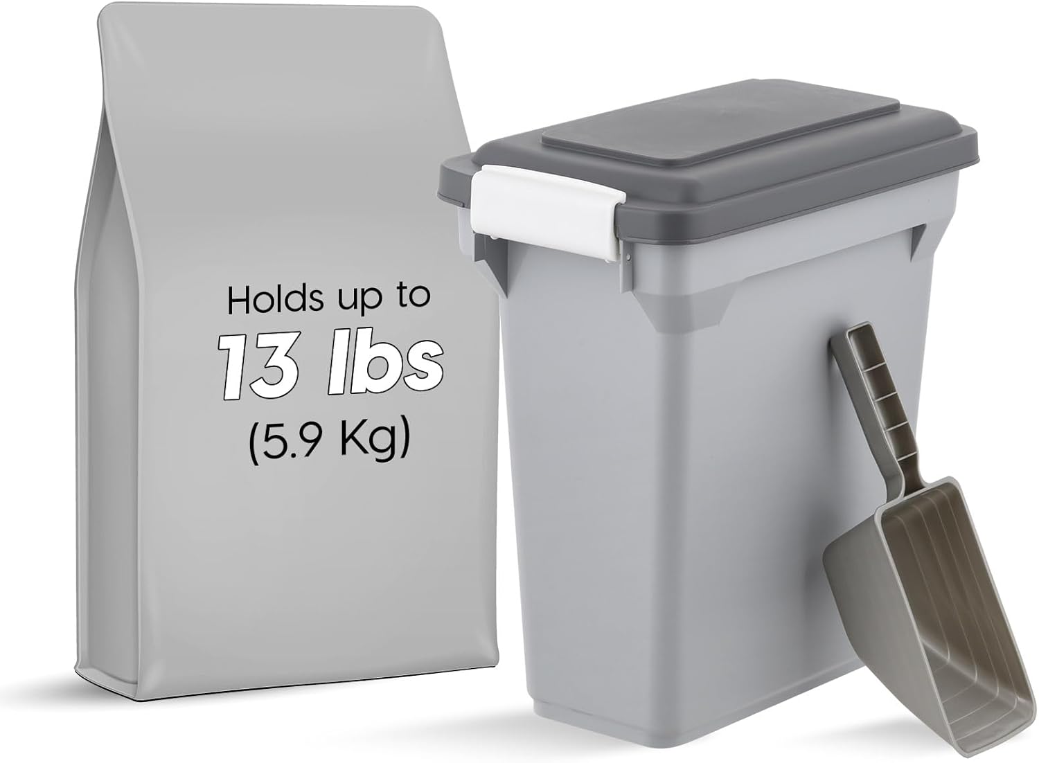 IRIS USA Dog Food Storage Container, Airtight Lid, 2-Cup Scoop, Up to 13 Pounds Pet Food Storage, Versatile Pet Food Bin, Treats, BPA Free, Gray/Dark Gray
