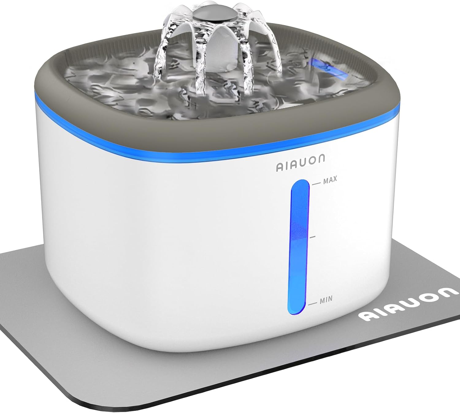 Cat Water Fountain 84oz/2.5L - Automatic Pet Fountain & Dog Water Dispenser with Replacement Filters & Feeding Mat for Cats, Dogs, Multiple Pets (Light Gray)
