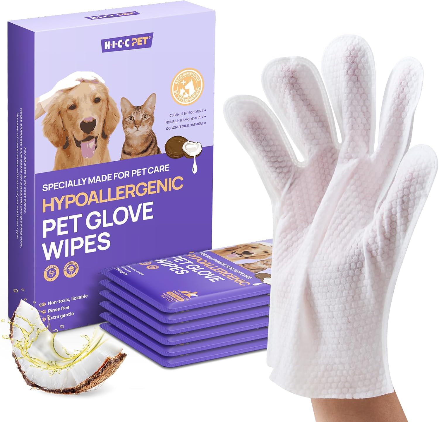 HICC PET Cleaning & Deodorizing Bath Wipes for Dogs and Cats, Hypoallergenic Nourish Fur Coconut Oil Dog Grooming Wipes, Puppy Bathing Gloves Wipes for Daily and Traveling