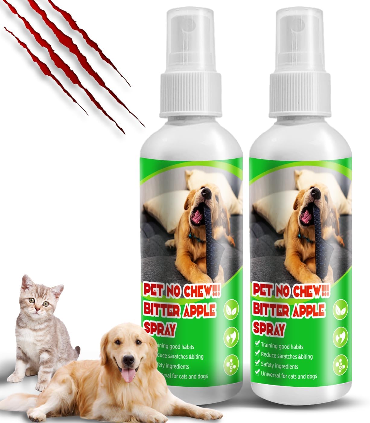 2 Pack Bitter Spray for Dogs to Stop Chewing - No Chew Deterrent Spray with Natural Formula, Safe for Puppies & Cats, Alcohol-Free Anti Chew Training Aid, Protects Furniture, Carpet & Plants