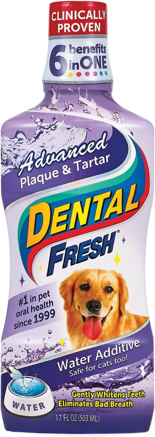 Dental Fresh Advanced Plaque and Tartar Water Additive, 17oz – Dog Teeth Cleaning Formula to Freshen Breath and Improve Cat & Dog Dental Care
