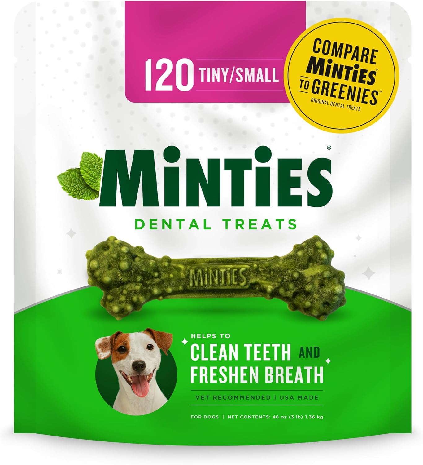 Minties Dental Chews for Dogs, 120 Count, Vet-Recommended Mint-Flavored Treats for Tiny/Small Dogs 5-24 lbs, Dental Bones Clean Teeth, Fight Bad Breath, and Removes Plaque and Tartar