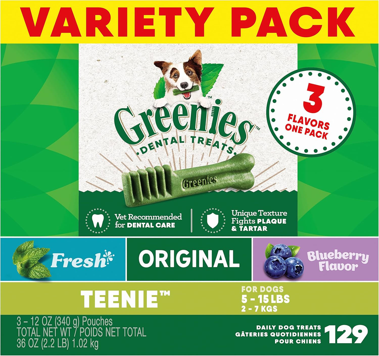 Greenies Teenie Natural Dog Dental Care Chews Oral Health Dog Treats 3-Flavor Variety Pack, (3) 12 oz. Pouches, 129 Total Treats