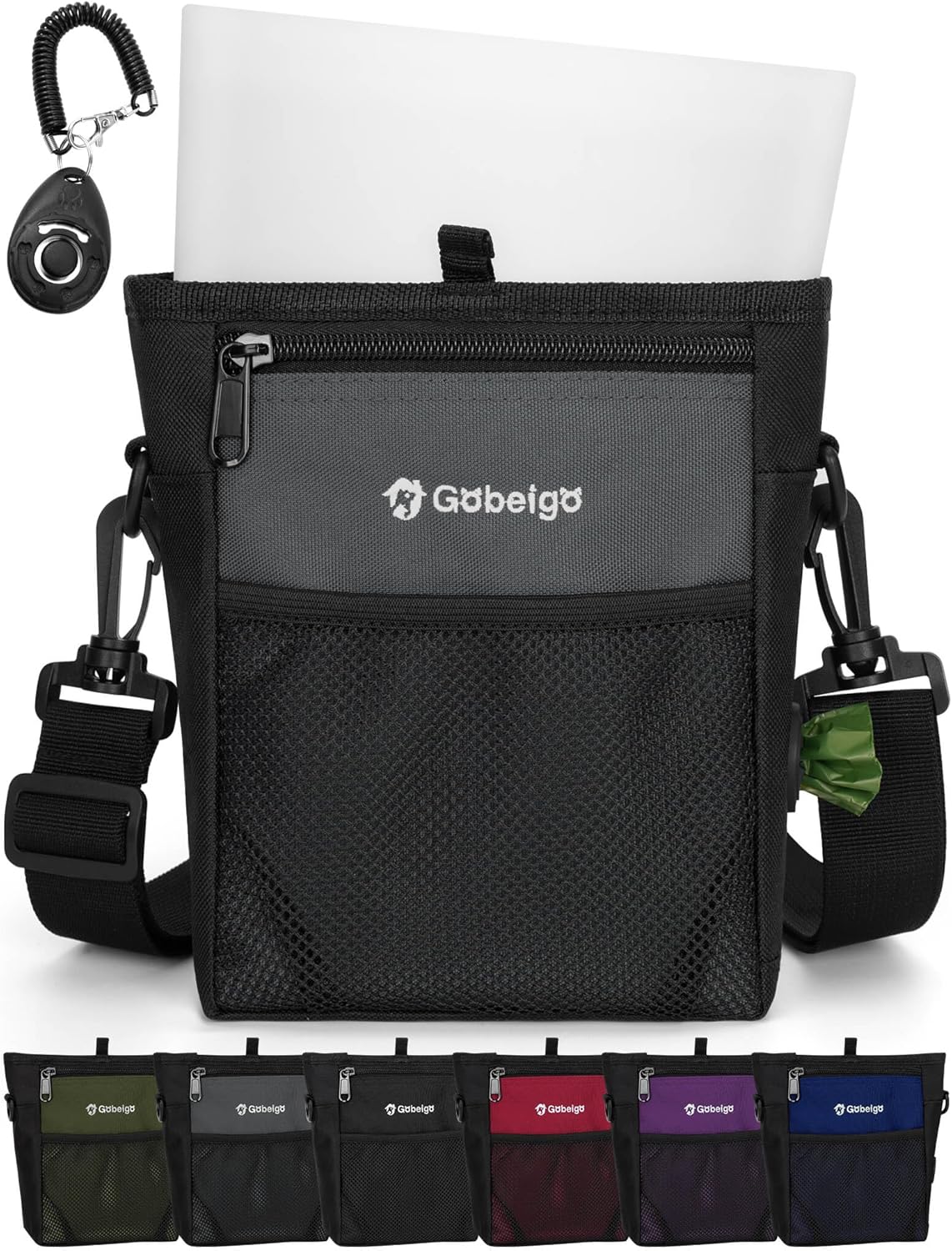Gobeigo Dog Treat Pouch with Silicone Snack Bag, Front Pocket fits All Phones, 4 Cup Treat Bag with Training Clicker, Upgrade Stronger Magnetic Closure, 3 Ways to Wear Walking Fanny Pack (Gray)