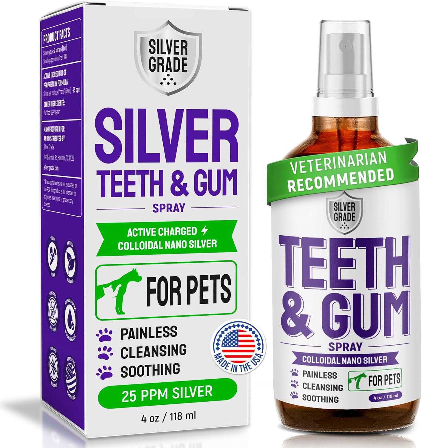 SILVER GRADE Teeth & Gum Spray for Pets – Dental Formula for Dog Mouth Rinse & Cat Mouth Care – Dog Fresh Breath, Clean Teeth, No Pain Or Burning – Plaque and Tartar Remover (4 Oz)