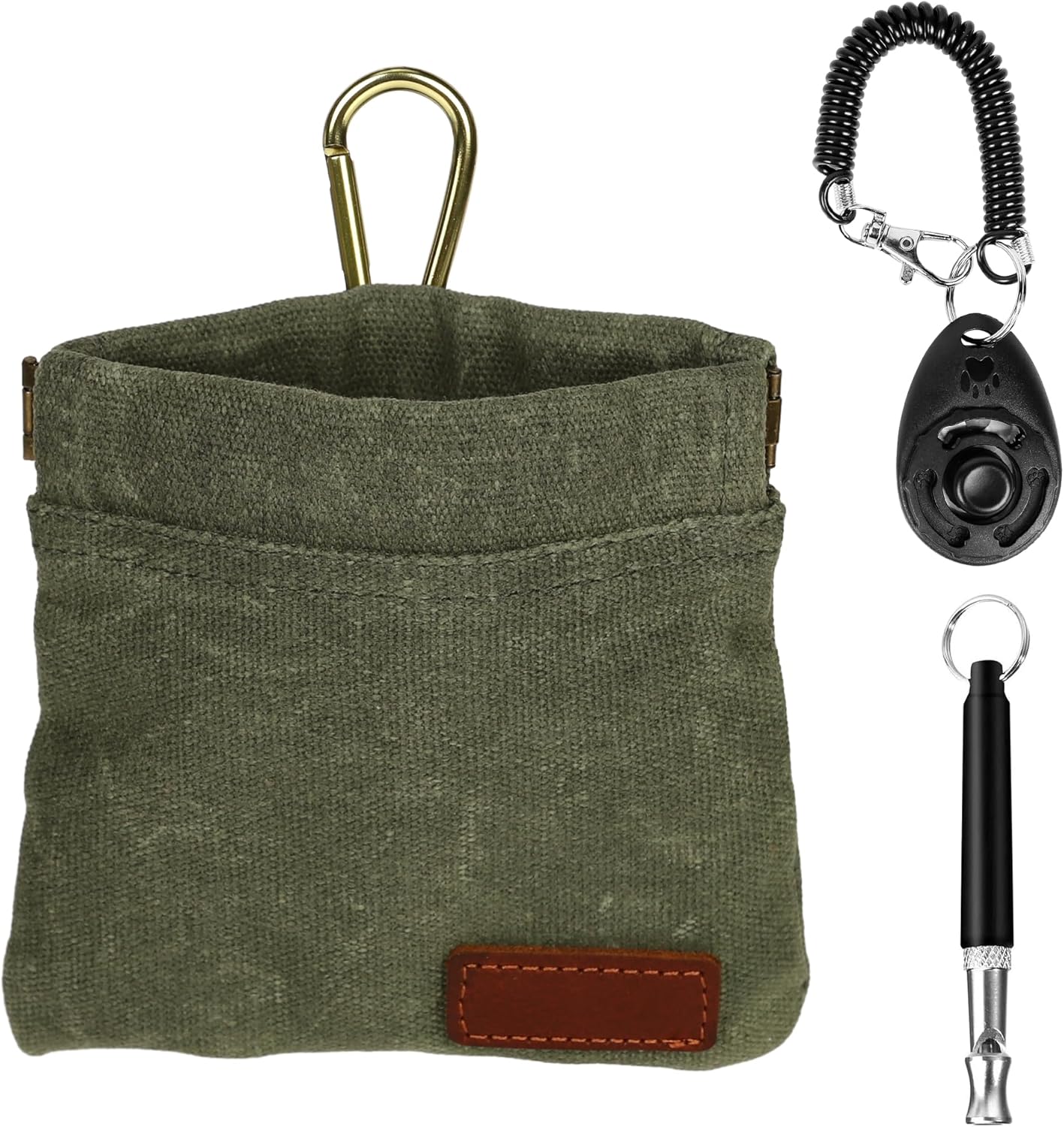Dog Treat Pouch Training Kit for Keychain, Small Puppy Treat Bag with Clip for Leash on The go, Hands Free Auto Closure Pouches with Dog Clicker and Silent Whistle for Pet Training