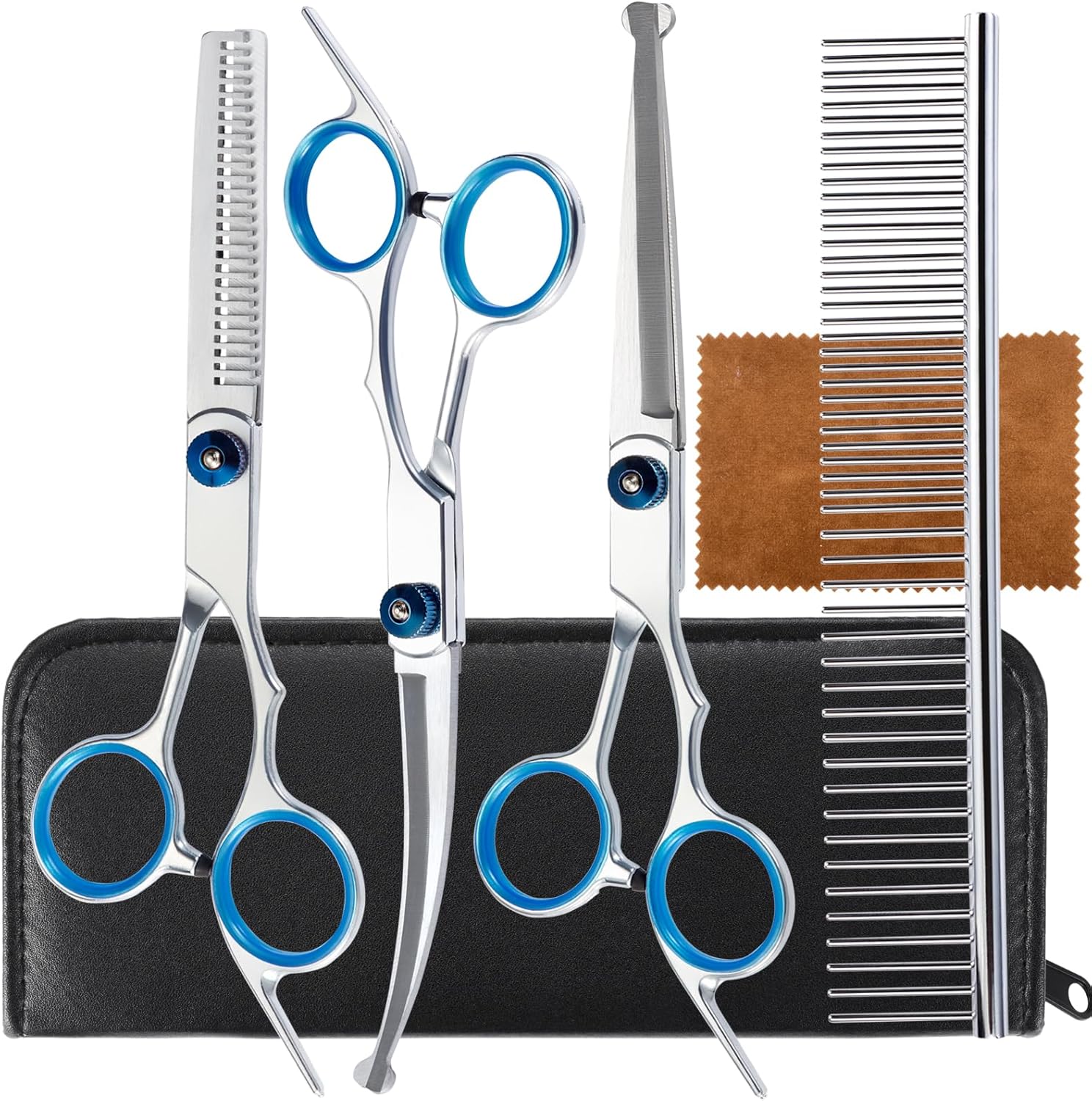 5 in 1 Premium Dog Grooming Scissors, Professional Dog Scissors for Grooming with Safety Round Tips, Lengnoyp Stainless Steel Thinning Shears, Dog Pet Cat Shears for Grooming Kit