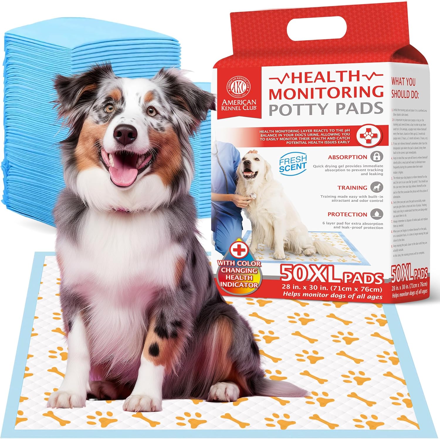 AKC Advanced Puppy Pads with Color-Changing Health+ Indicator and Ultra Absorbent Quick Dry Gel – 28